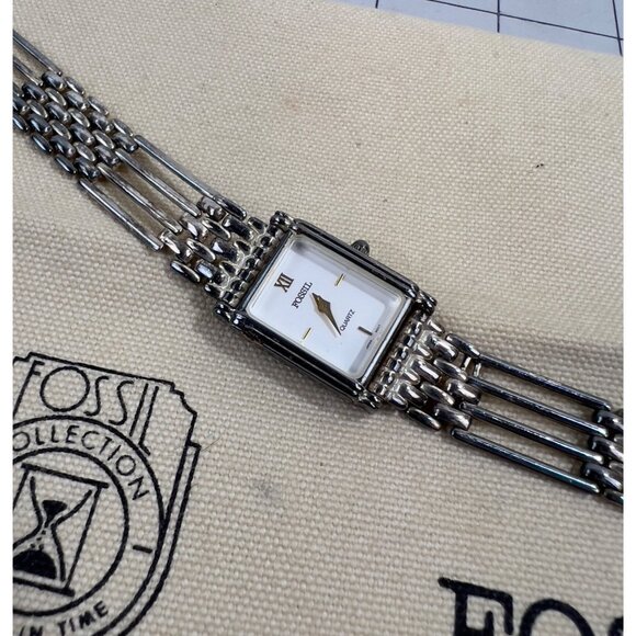 Vintage FOSSILWomen’s Rectangular Quartz Watch Sterling Bracelet  .925 - Picture 2 of 5